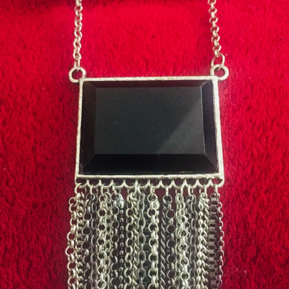Black Stone Pendent Fringe Statement Necklace - image 3
